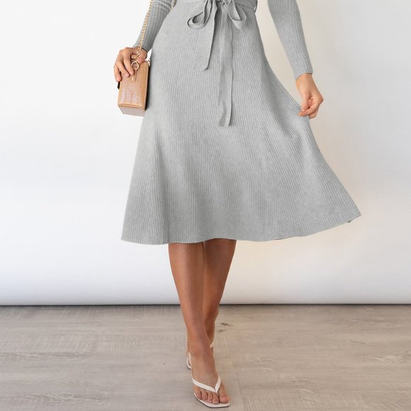 Round Neck Long Sleeve Tie Waist Sweater Dress - Picture 4 of 7